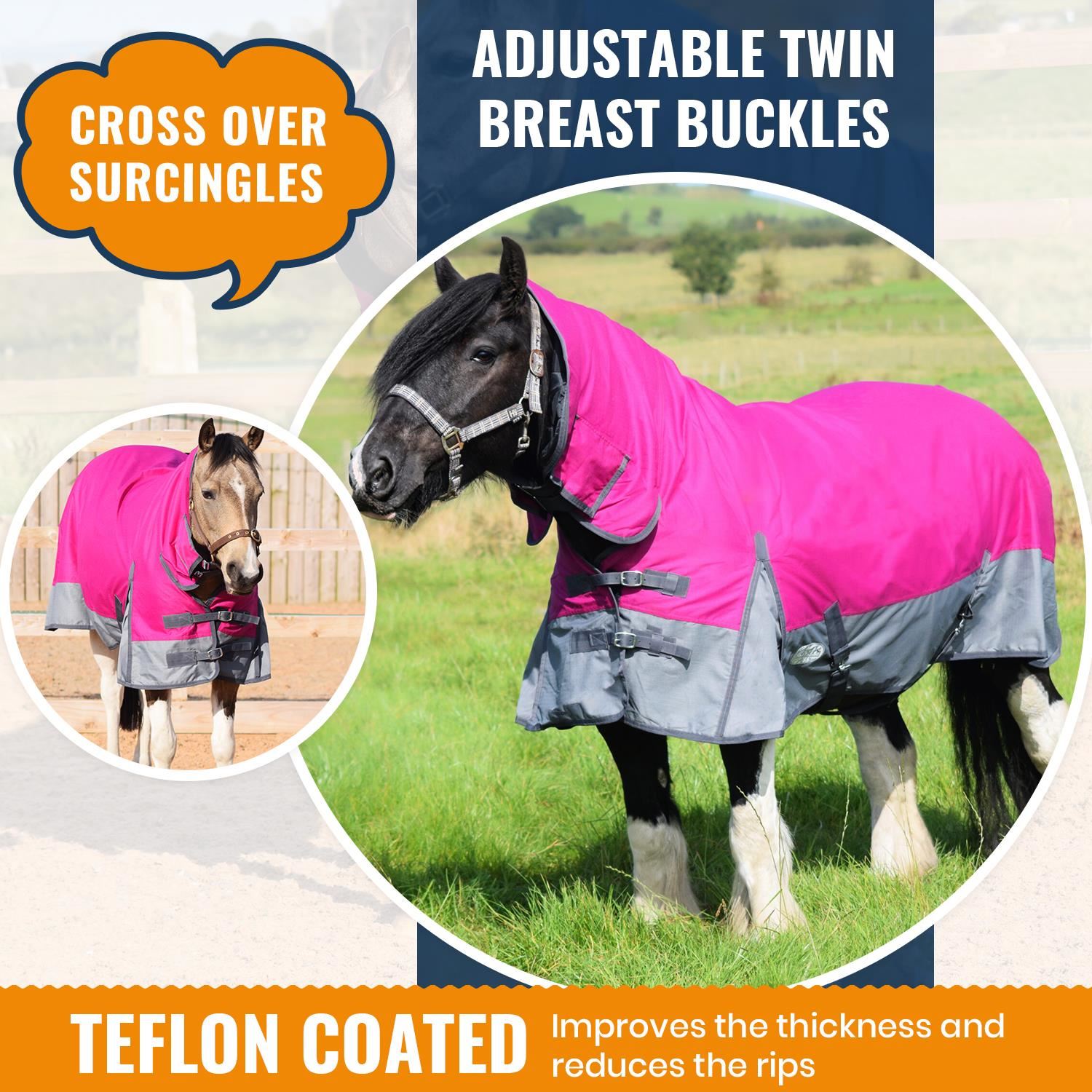 1200D Outdoor Winter Turnout Horse Rugs 50G Fill COMBO Neck Raspberry/Grey 5'3-6'9
