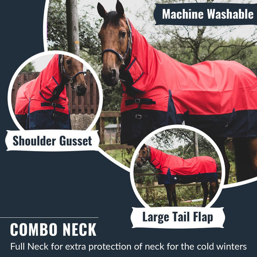 1200D Lightweight Turnout Horse Rug Waterproof Combo Full Neck Red/Navy 5'3 -6'9