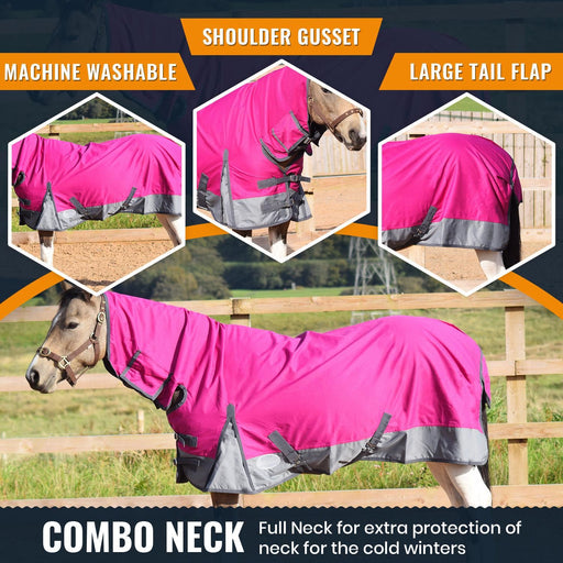 1200D Outdoor Winter Turnout Horse Rugs 50G Fill COMBO Neck Raspberry/Grey 5'3-6'9