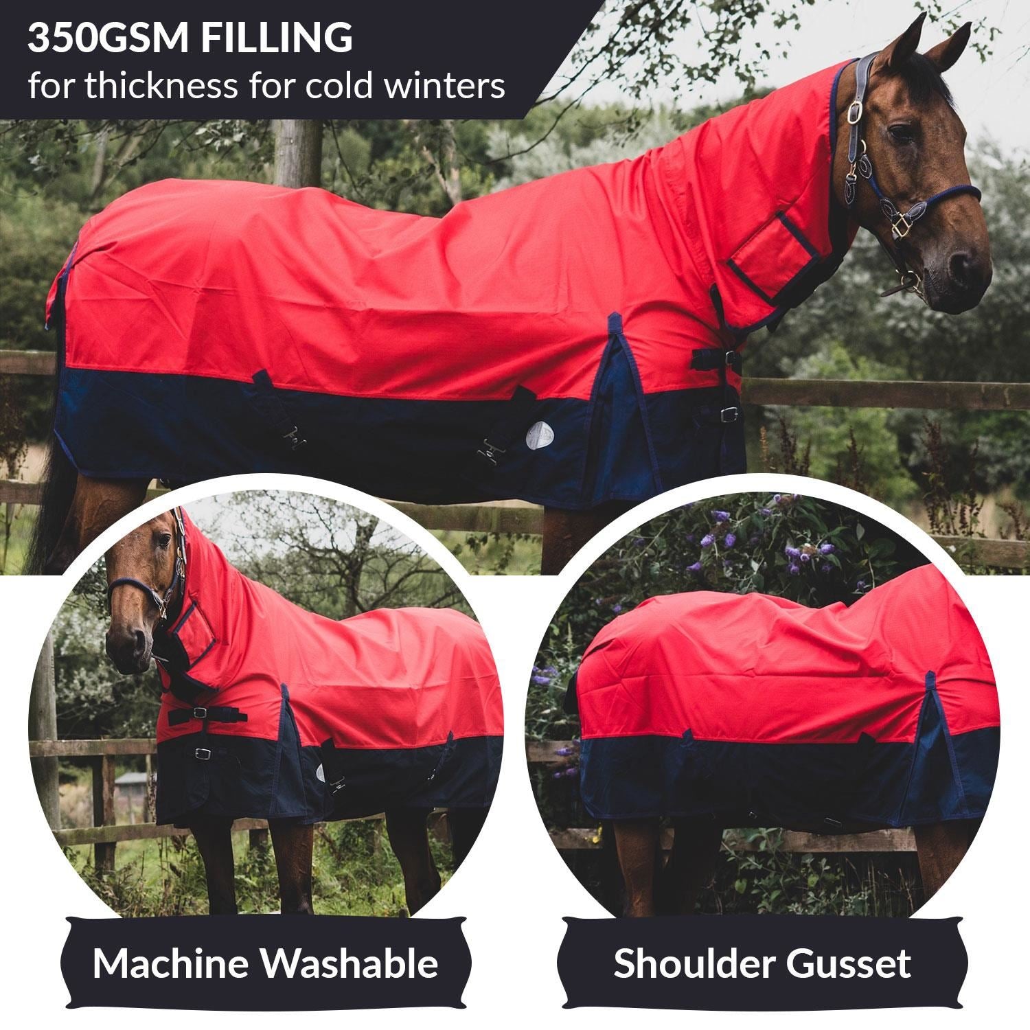 600D Outdoor Winter Turnout Horse Rugs 350G Fill Combo Neck Red/Navy 5'3-6'9