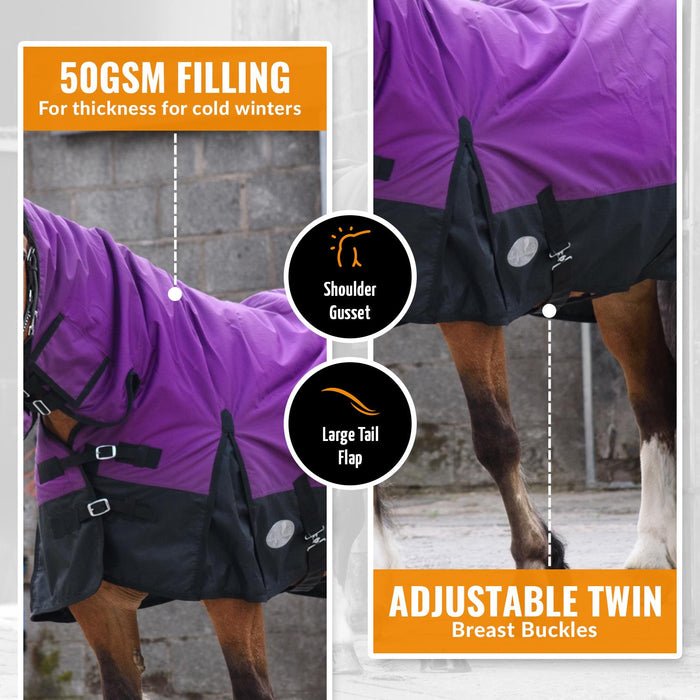 600D Outdoor Winter Turnout Horse Rugs 50G Fill COMBO Full Neck Purple/Black 5'3-6'9