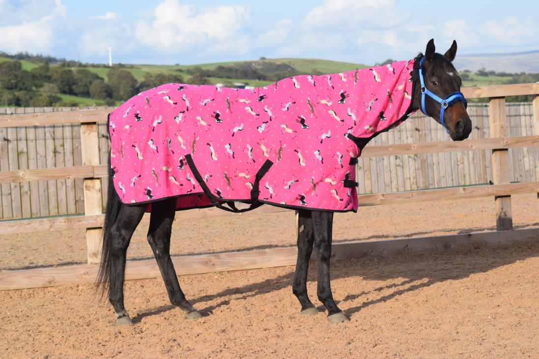 250gsm Fleece Breathable Cooler Moist Anti Sweat Fleece Rug Pink Horse 5'3 - 7'0