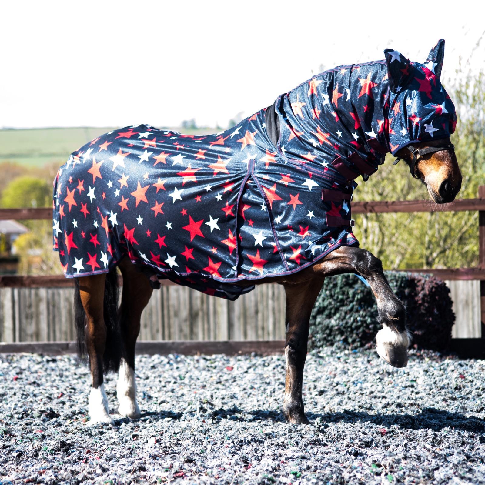 Horse Pony Fly Sheet Rugs Lite Combo Belly Tail Cover Mask White Red Star 5'3-6'9