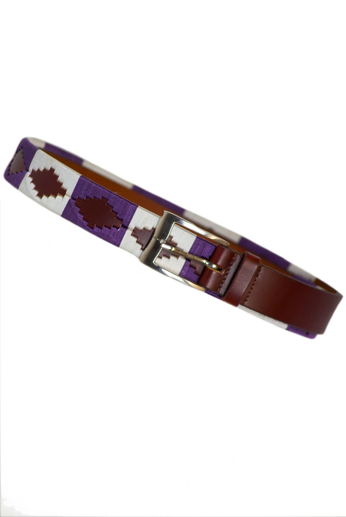 Handmade Polo Argentinian Brown Leather Belts Purple/White 28''-48''(70cm-110cm)