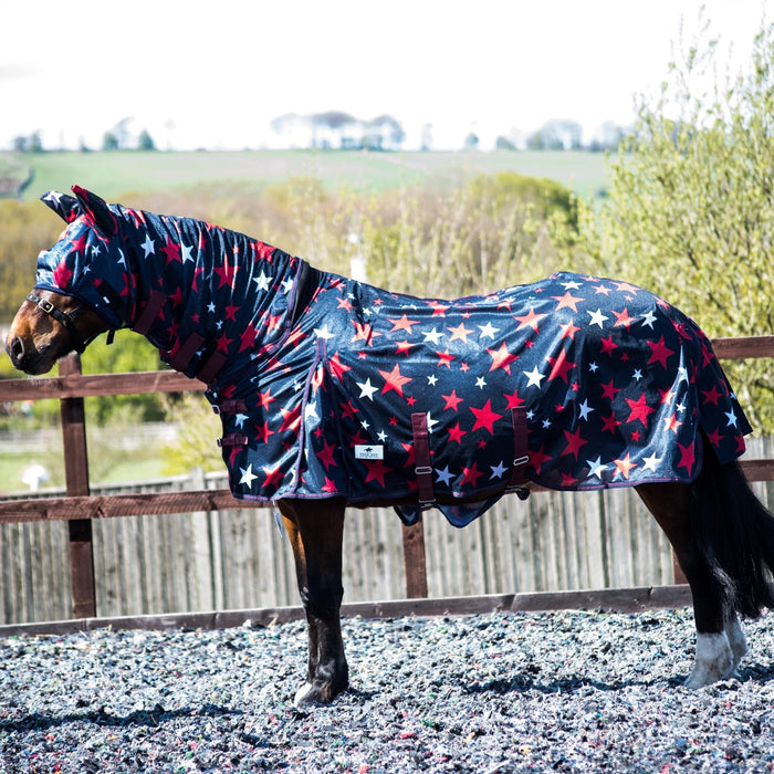 Horse Pony Fly Sheet Rugs Lite Combo Belly Tail Cover Mask White Red Star 5'3-6'9