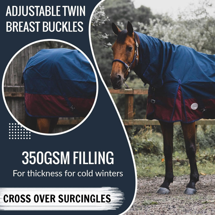 600D Outdoor Winter Turnout Horse Rugs 350G Fill Combo Neck Navy/Burgundy 5'3-6'9