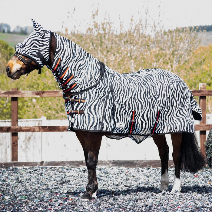 Combo Mesh Fly Rug + Fly Mask Wide Belly & Tail Flap All in One Zebra 5'3-6'9