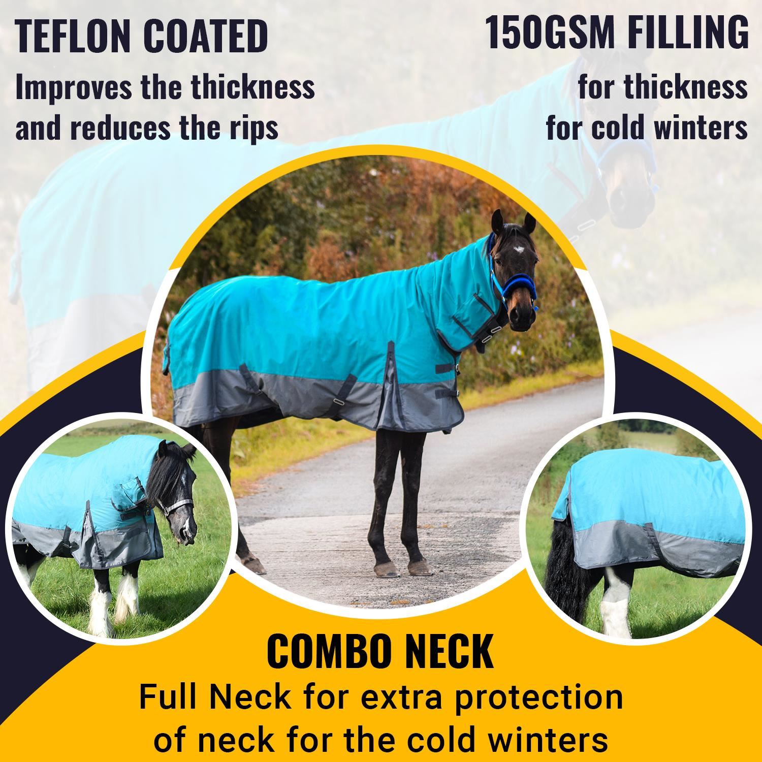 600D Outdoor Winter Turnout Horse Rugs 150g Combo Full Neck Aqua/Grey 5'3-6'9