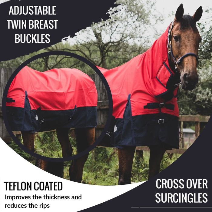 600D Outdoor Winter Turnout Horse Rugs 350G Fill Combo Neck Red/Navy 5'3-6'9