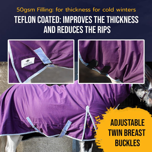 600D Outdoor Mediumweight Turnout 50G Fill COMBO Thermo Horse Rug Purple 5'6-6'9