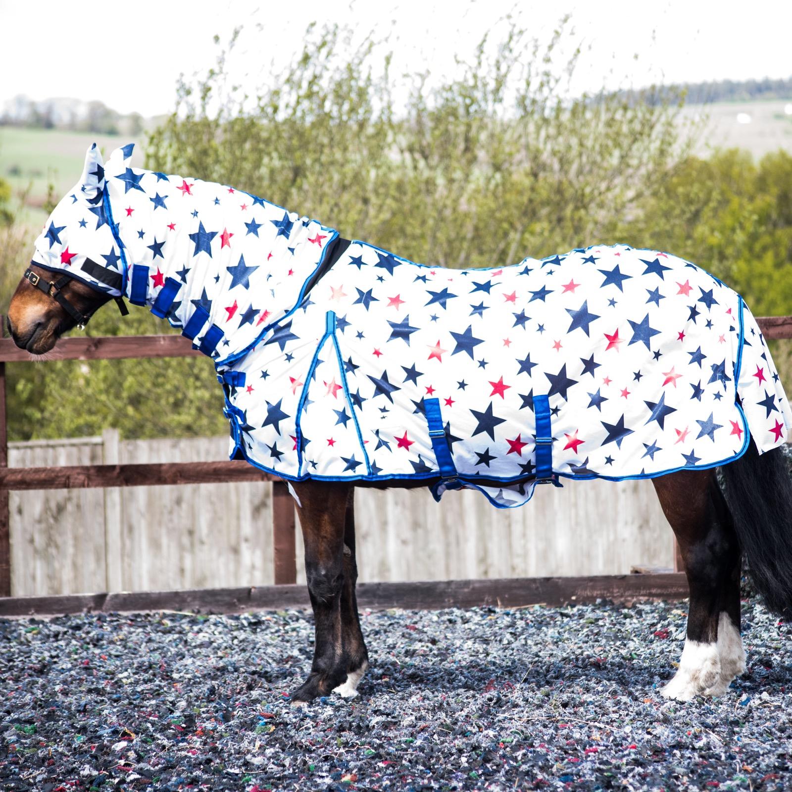 Combo Mesh Fly Rug + Fly Mask Wide Belly & Tail Flap All in One Navy Star 5'3-6'9