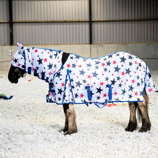Combo Mesh Fly Rug + Fly Mask Wide Belly & Tail Flap All in One Navy Star 5'3-6'9